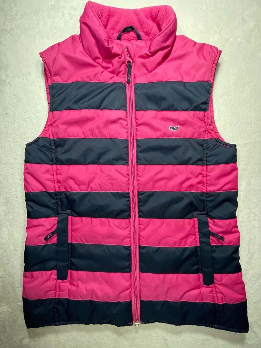 Vineyard Vines Girls Pink and Navy Blue Striped Puffer Vest